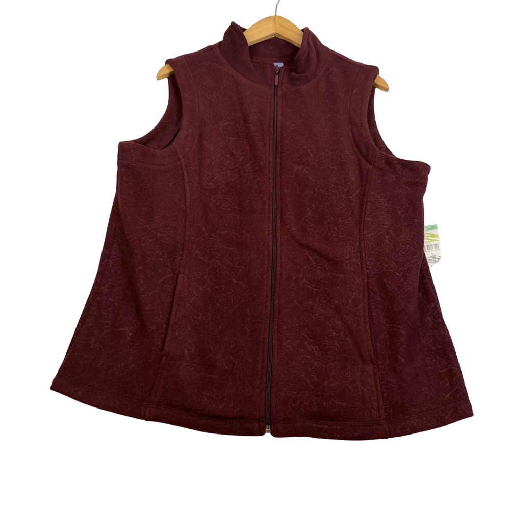 Laura Scott Winetasting Burgundy Embossed Floral Microfleece Zip Vest XL NEW